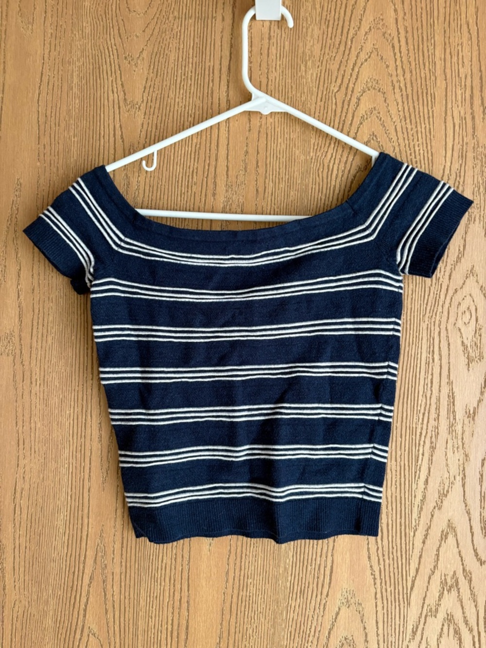 American Eagle Outfitters Navy and White Striped Off-Shoulder Crop Top